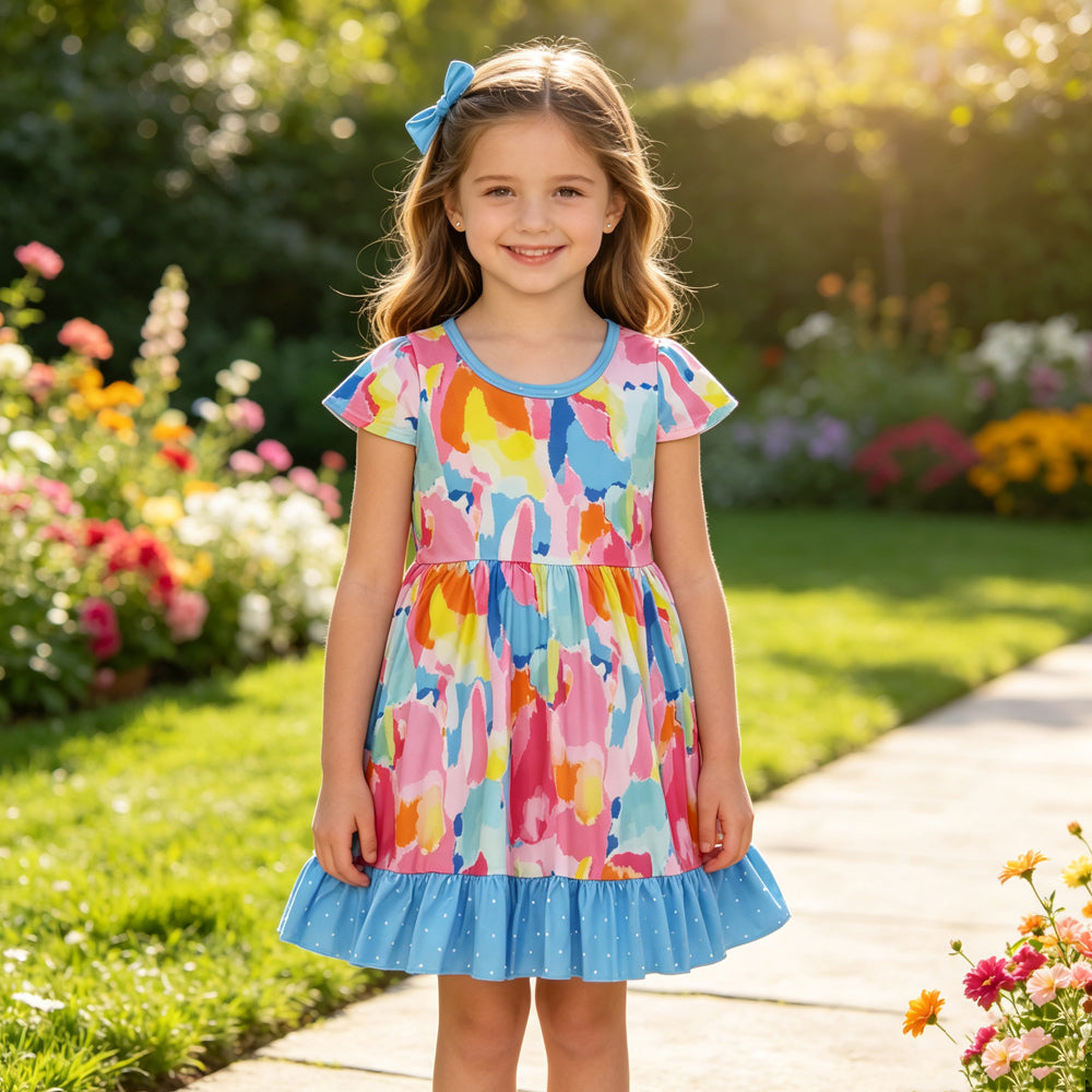 Short sleeves tie dye polka dots ruffle girls dresses