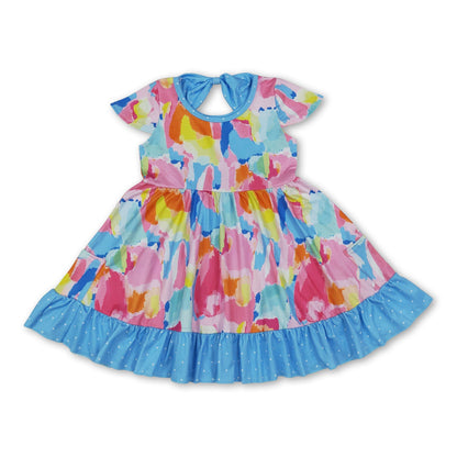 Short sleeves tie dye polka dots ruffle girls dresses