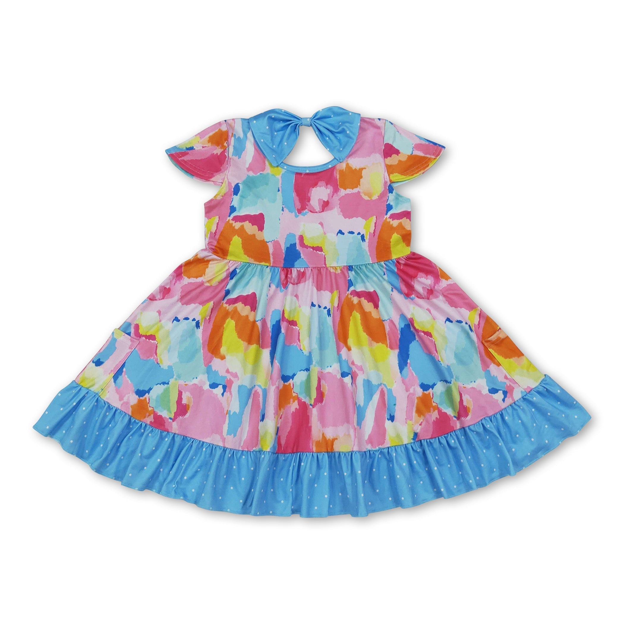 Short sleeves tie dye polka dots ruffle girls dresses
