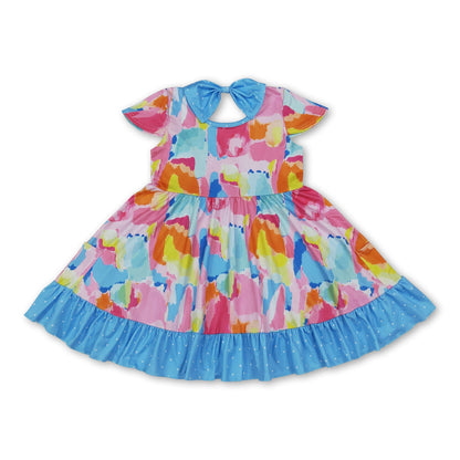 Short sleeves tie dye polka dots ruffle girls dresses