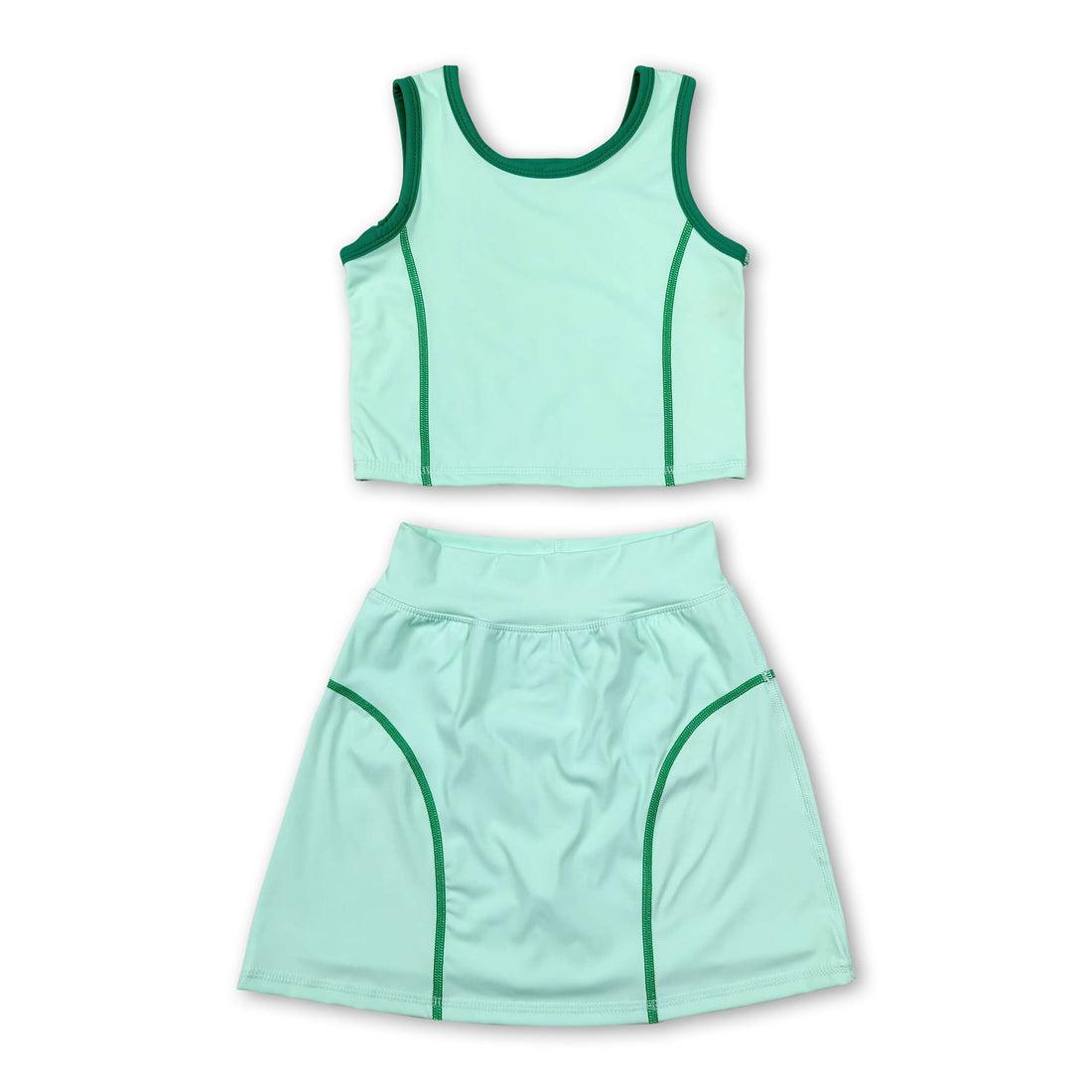 Light green sleeveless top and high-waist skirt set for girls, activewear by Mini Rodeo, featuring short sleeves and comfortable fit.