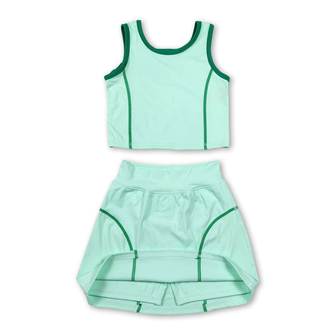 Light green sleeveless top and high-waist skirt set for girls, activewear by Mini Rodeo, casual summer outfit.