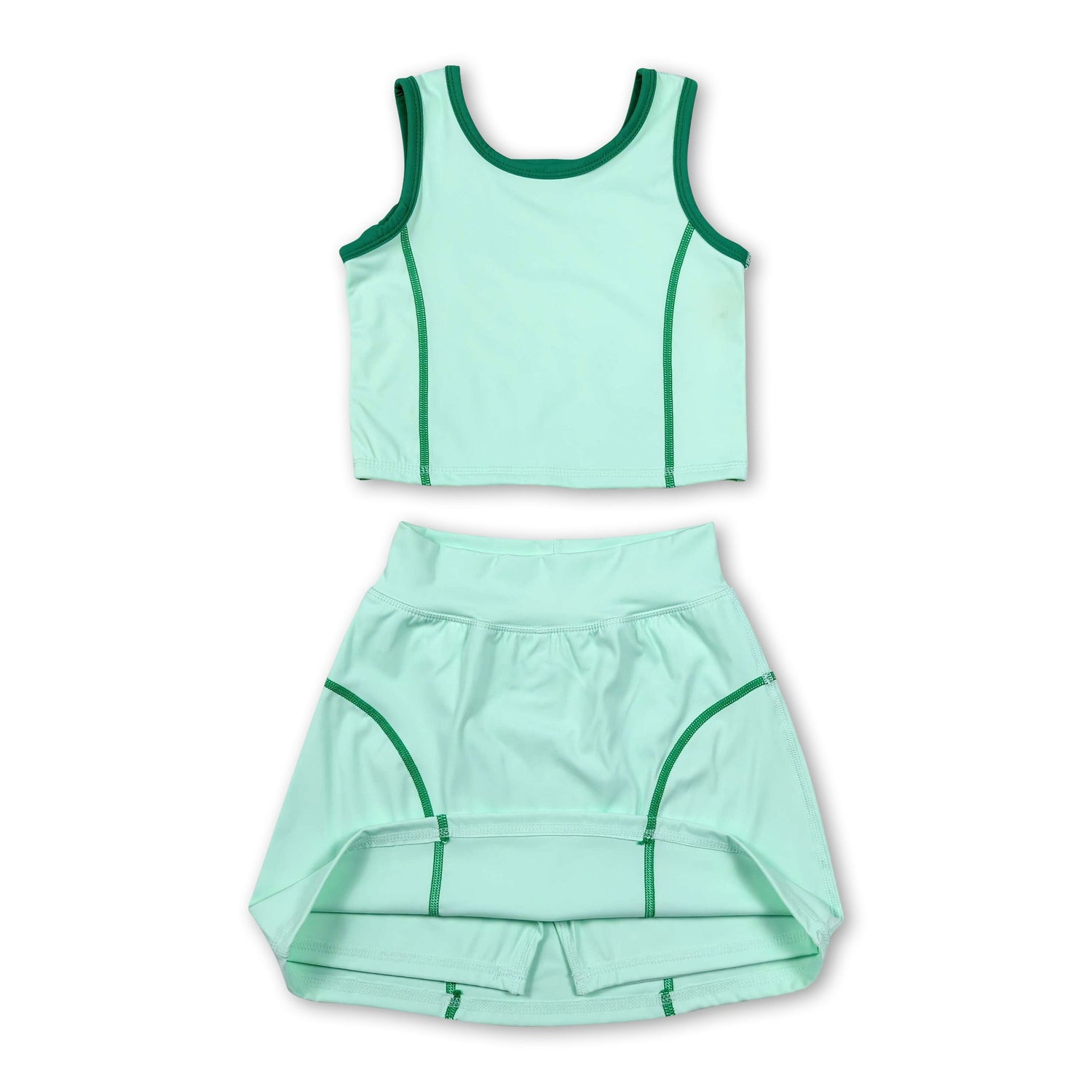 Sleeveless light green top high waist skirt girls activewear set