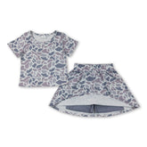 Grey camo short sleeve top and skort set for girls by Mini Rodeo, perfect for kids&