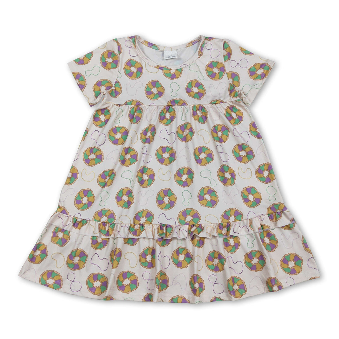 Purple green yellow donut print girl Mardi Gras dress