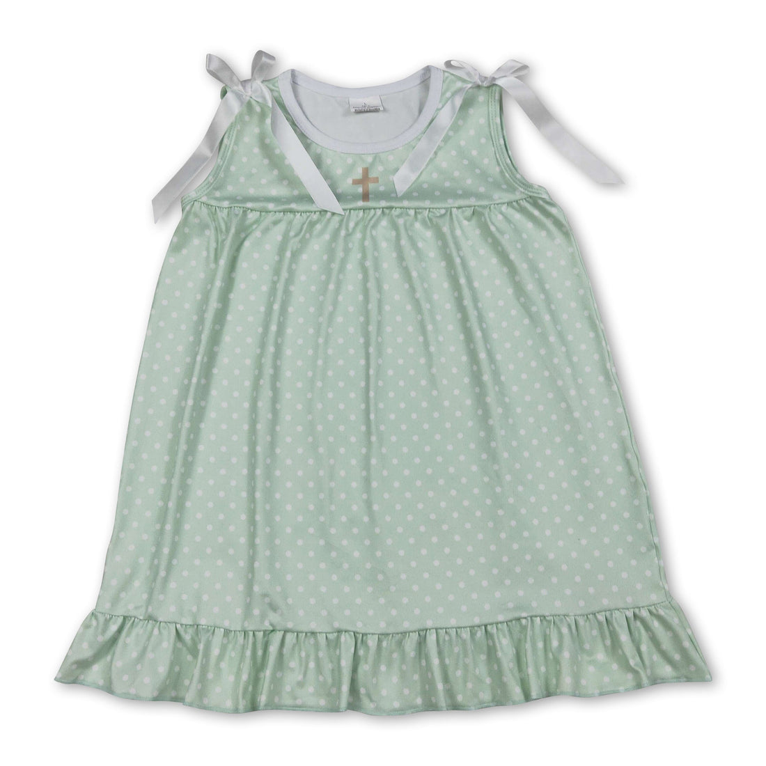Green sleeveless polka dot Easter dress for girls by Mini Rodeo, featuring a cute short sleeve design for kids.