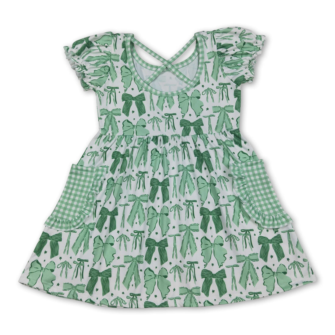 Green short sleeve girl’s dress with bow, St. Patrick’s Day theme by Mini Rodeo, featuring festive design and comfortable fit.