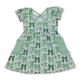 Green short sleeve girl’s dress with bow, St. Patrick’s Day theme by Mini Rodeo, featuring festive design and comfortable fit.