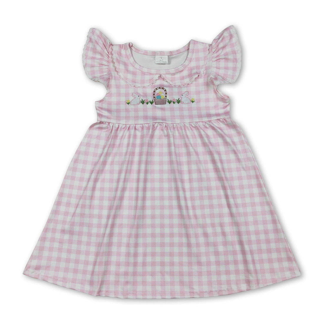Pink plaid Easter dress for girls with flutter sleeves and a rabbit egg design by Mini Rodeo, perfect for spring celebrations.