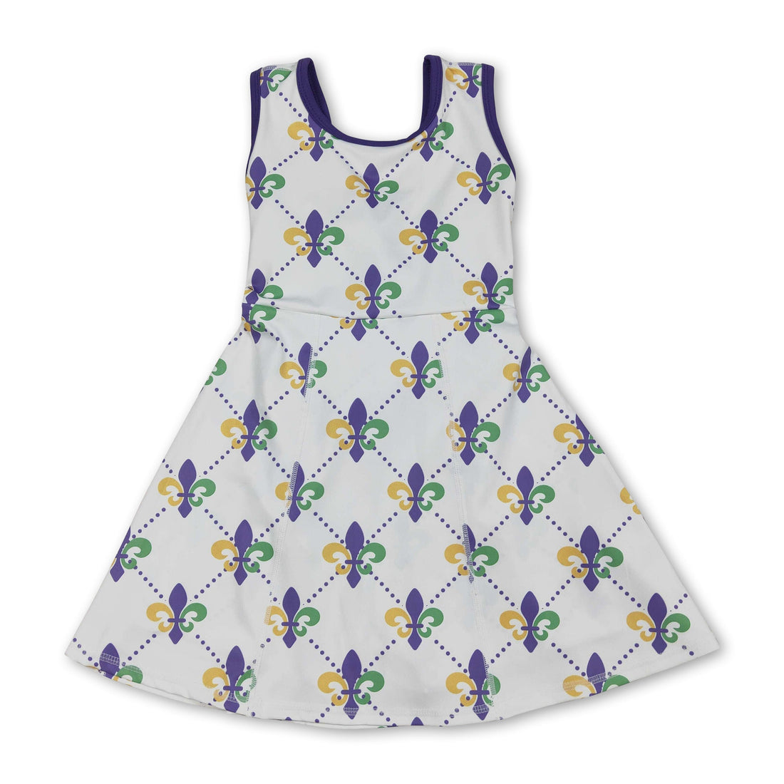 Purple green yellow sleeveless girls Mardi Gras athletic dress