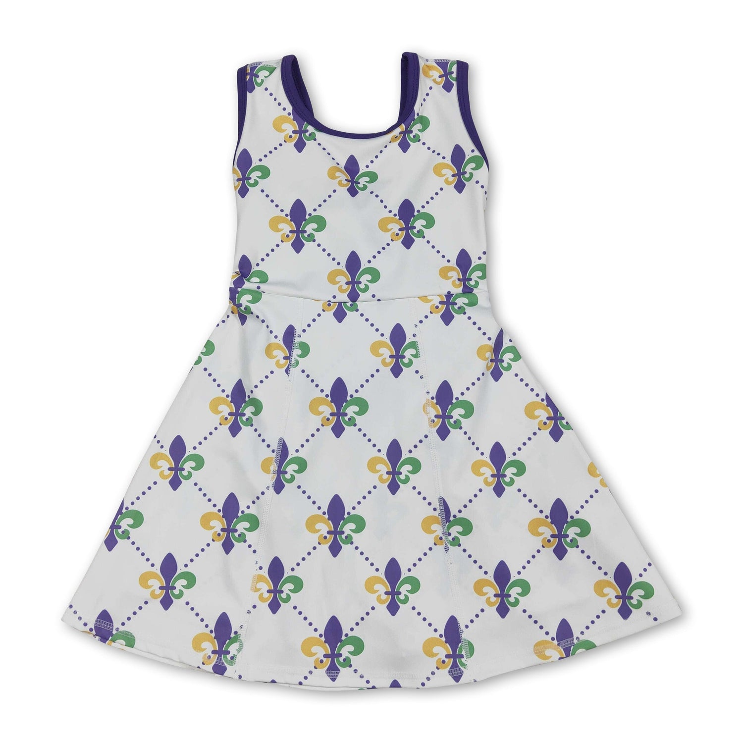 Purple green yellow sleeveless girls Mardi Gras athletic dress