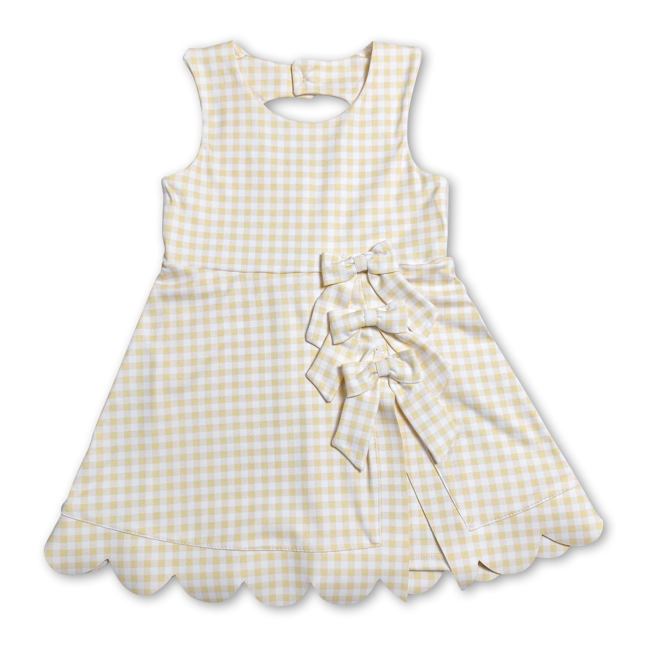 Sleeveless yellow plaid bows kids girls athletic dresses