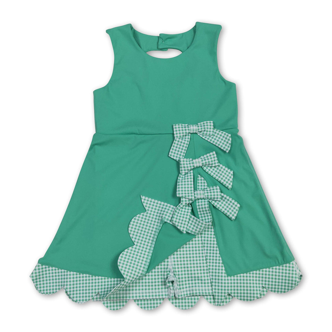 Green sleeveless plaid bow dress for girls by Mini Rodeo, featuring a summer athletic style with a short sleeve design.