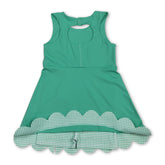 Green sleeveless plaid bow summer dress for girls by Mini Rodeo, featuring a stylish short-sleeve athletic design.