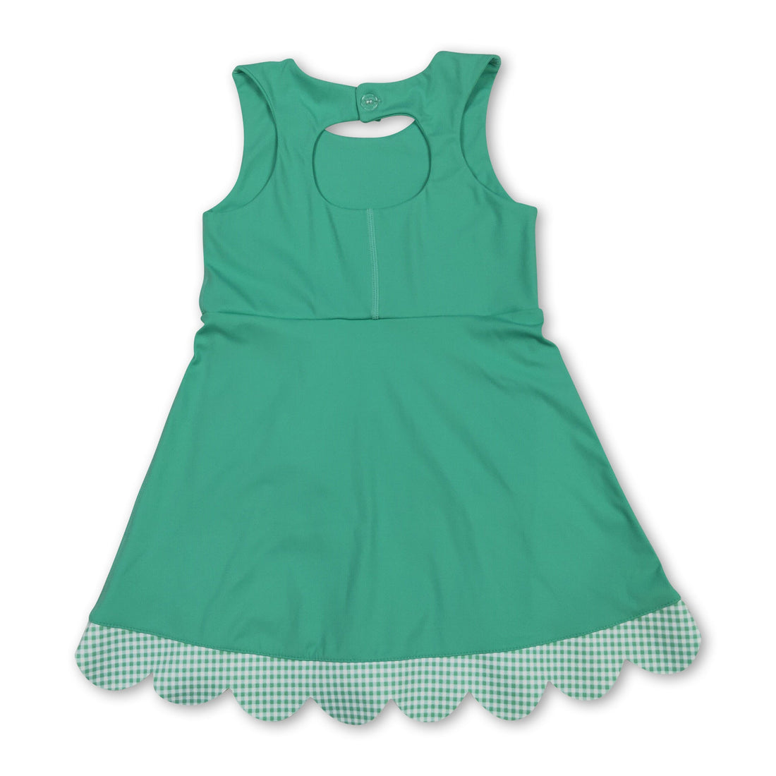 Green sleeveless plaid bow summer athletic dress for girls by Mini Rodeo, featuring a short sleeve design and playful style.