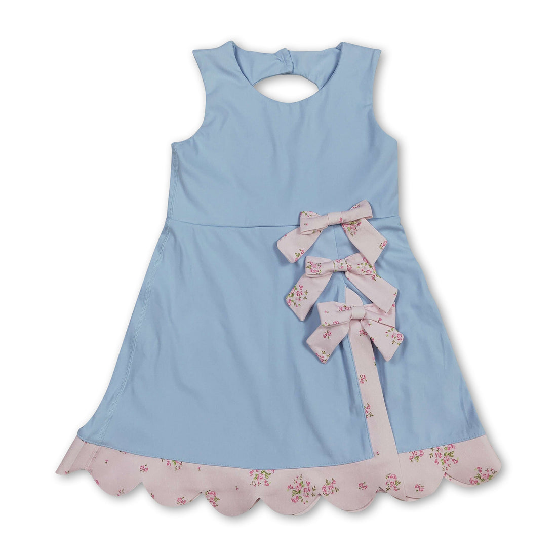 Light blue sleeveless floral bow kids girls summer athletic dress by Mini Rodeo, featuring short sleeves and a playful floral pattern.