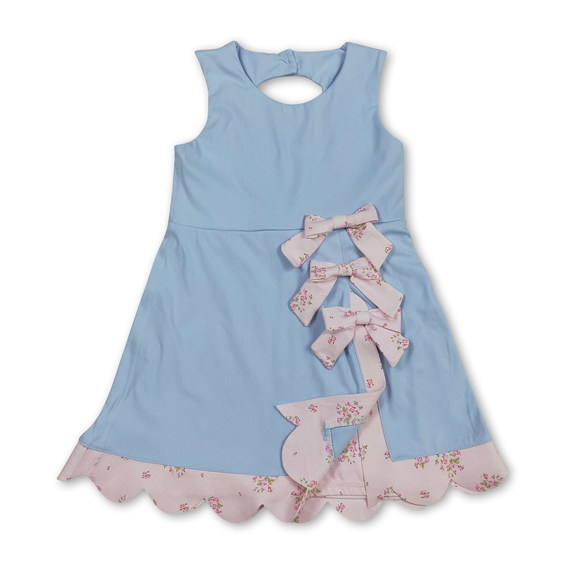 Light blue sleeveless floral bow summer dress for girls by Mini Rodeo, featuring a short sleeve athletic style for kids.