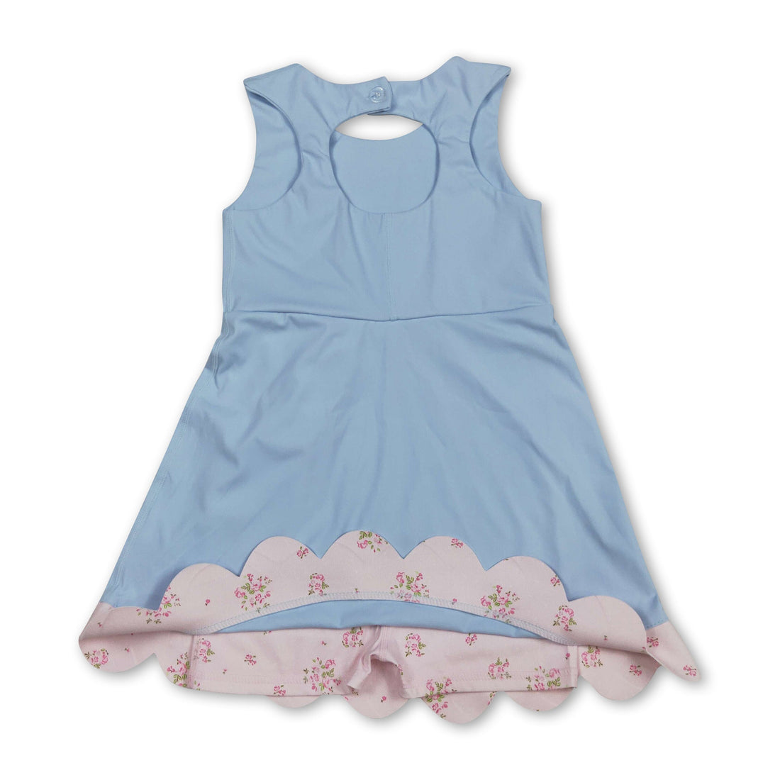Light blue sleeveless floral bow summer dress for girls by Mini Rodeo, featuring a short sleeve athletic style with a cute bow detail.