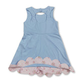 Light blue sleeveless floral bow summer dress for girls by Mini Rodeo, featuring a short sleeve athletic style with a cute bow detail.