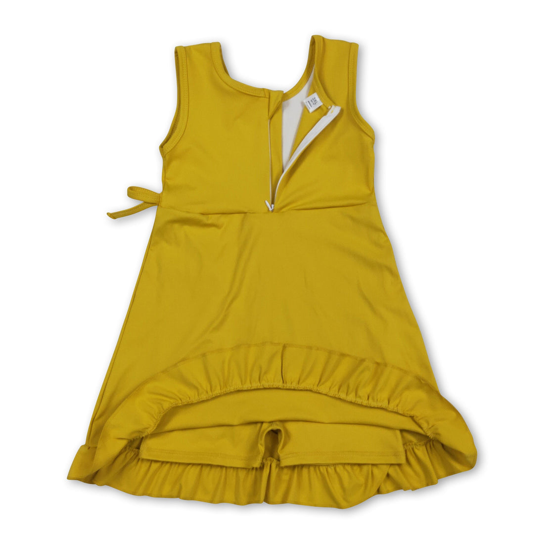 Yellow sleeveless kids’ summer dress with bow and ruffle details, short sleeve athletic style by Mini Rodeo.