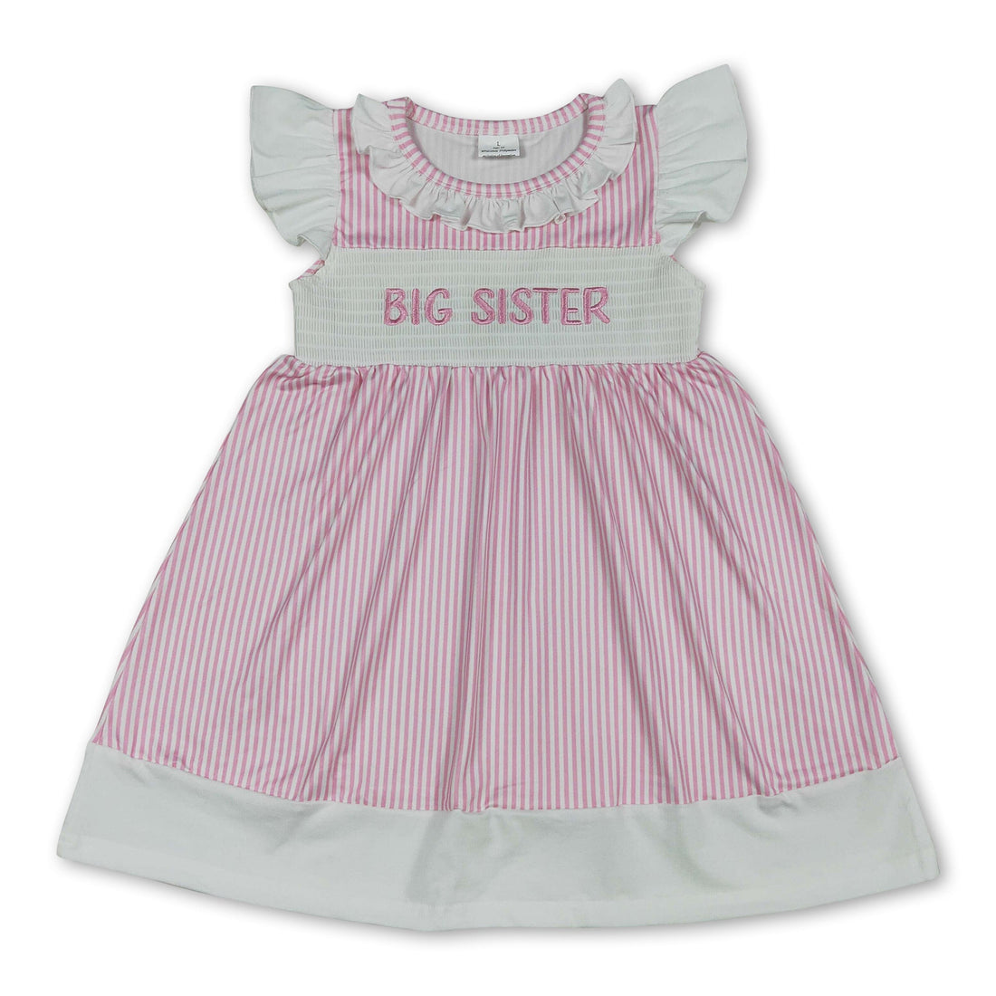 Pink and white striped big sister smocked Flutter sleeves girls dress by Mini Rodeo, featuring short sleeves and a comfortable fit.