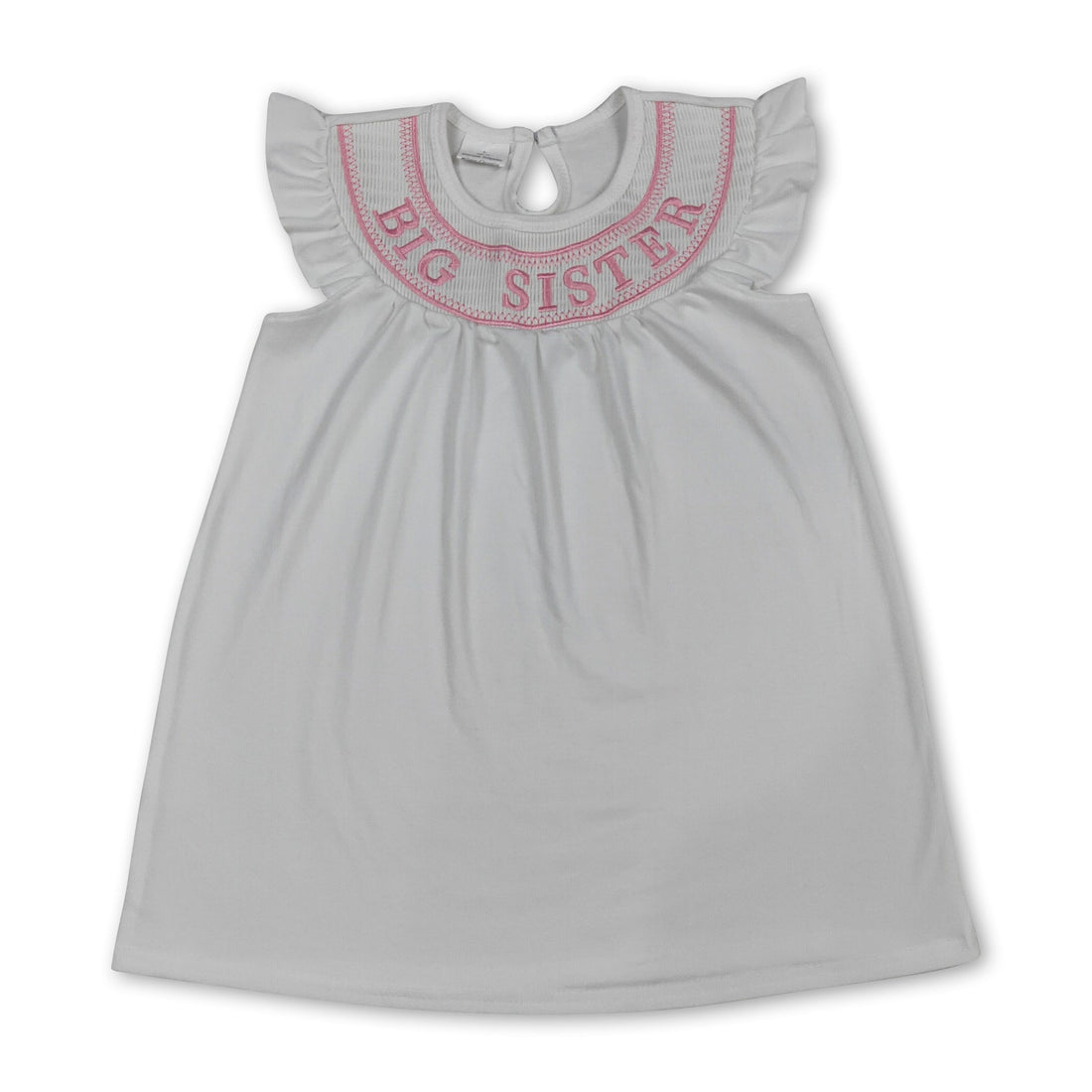 White flutter sleeves big sister smocked girls dress by Mini Rodeo, featuring short sleeves and a classic smocked bodice.