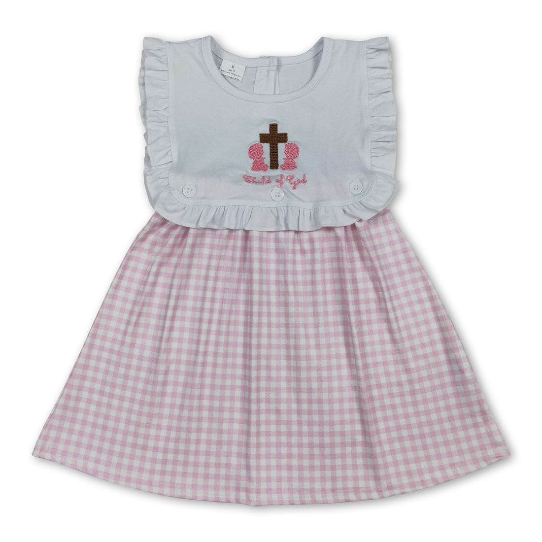 Pink plaid short sleeve Easter dress for girls by Mini Rodeo featuring a child of God cross design and cute, comfortable style.