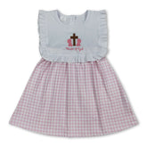 Pink plaid short sleeve Easter dress for girls by Mini Rodeo featuring a child of God cross design and cute, comfortable style.