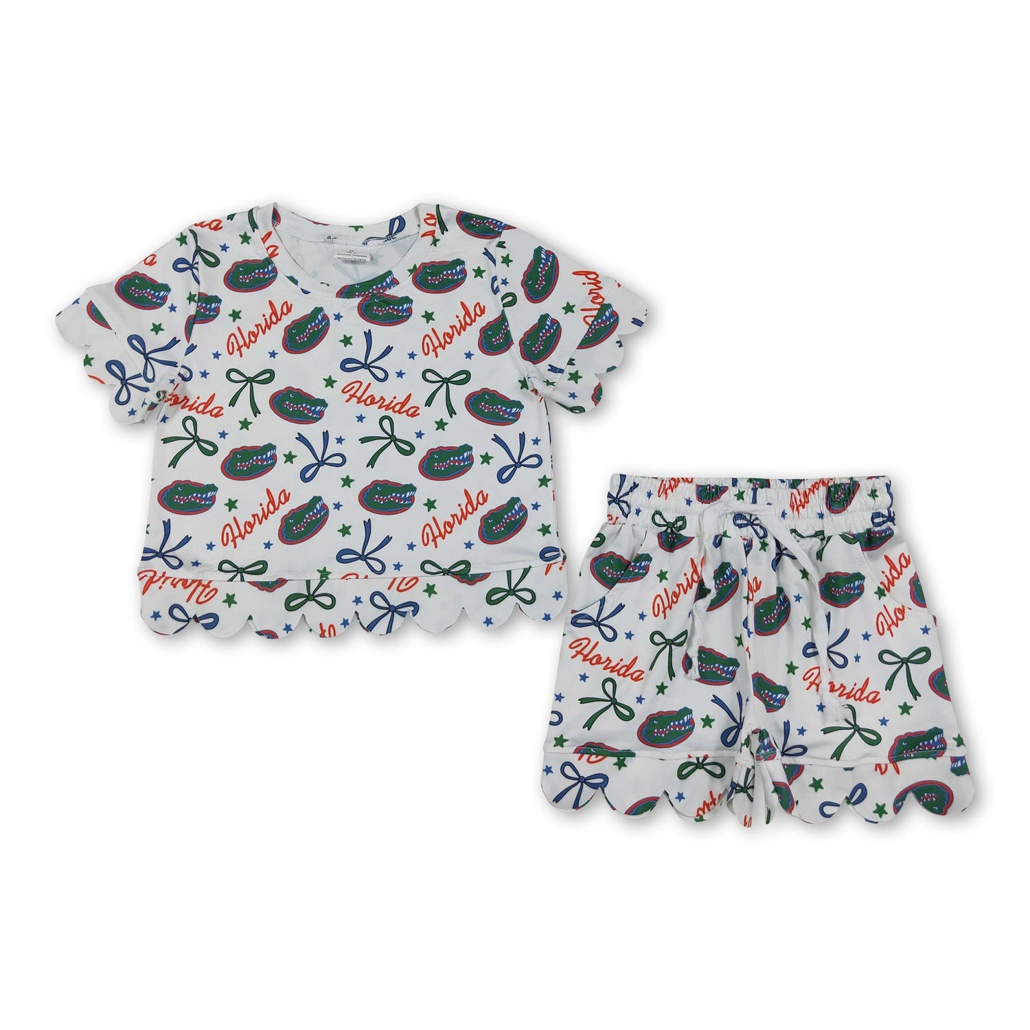 Short sleeves crocodile bow scallop girls team outfits