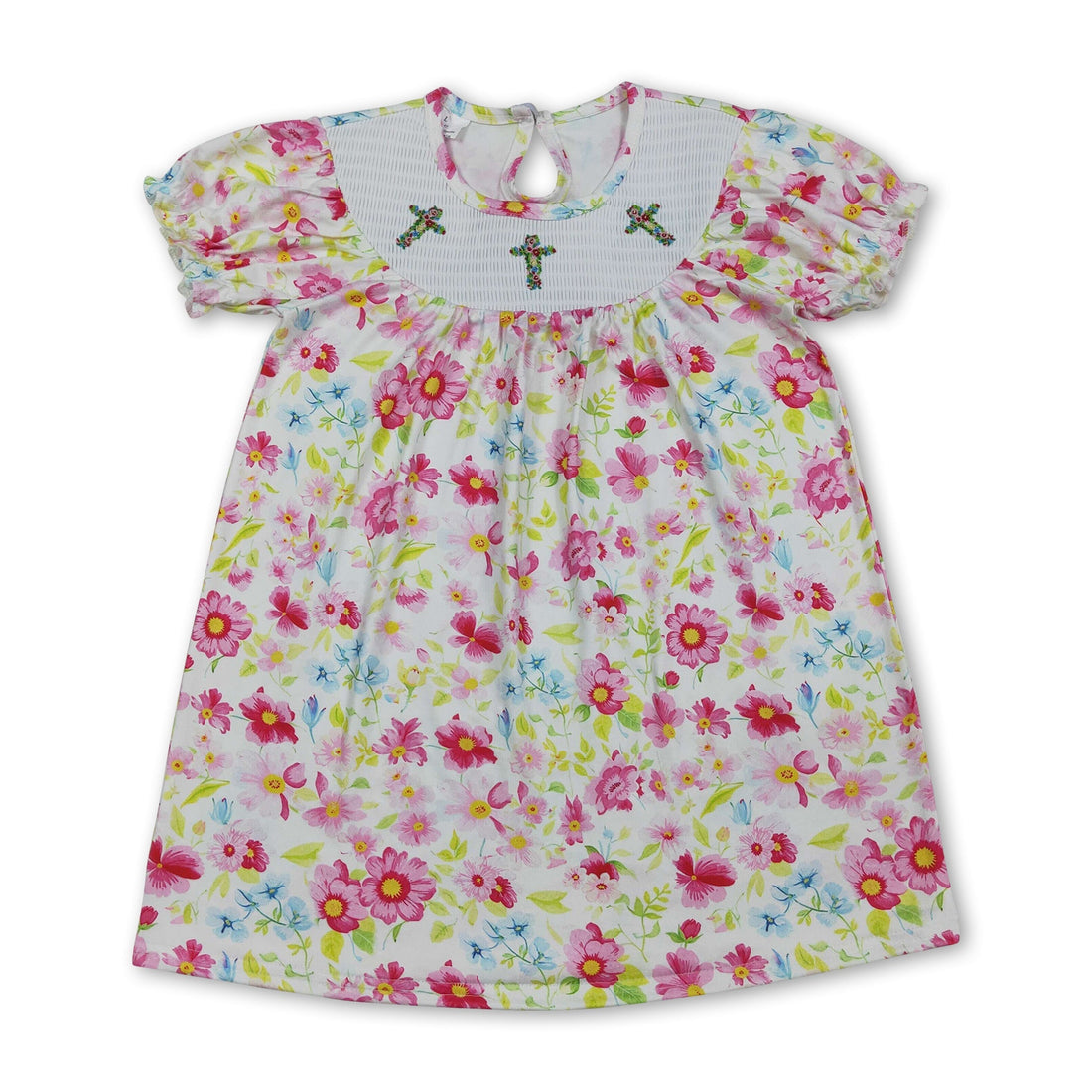 Mini Rodeo floral short sleeve baby girls Easter dress with cross smocked detail, perfect for spring celebrations.
