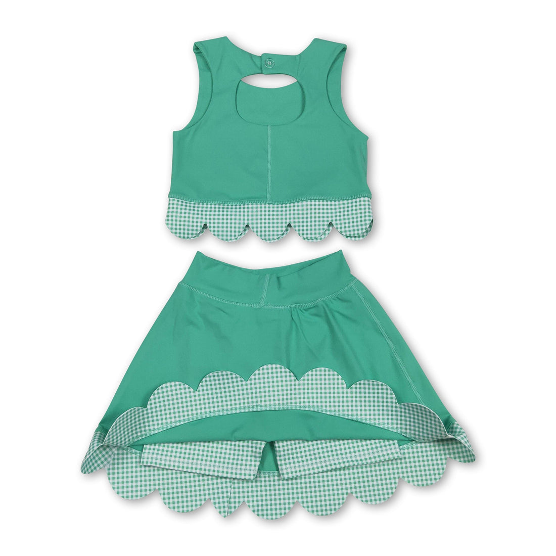 Kids girls sleeveless green crop top and plaid bow skirt set by Mini Rodeo, perfect for active wear and casual outings.