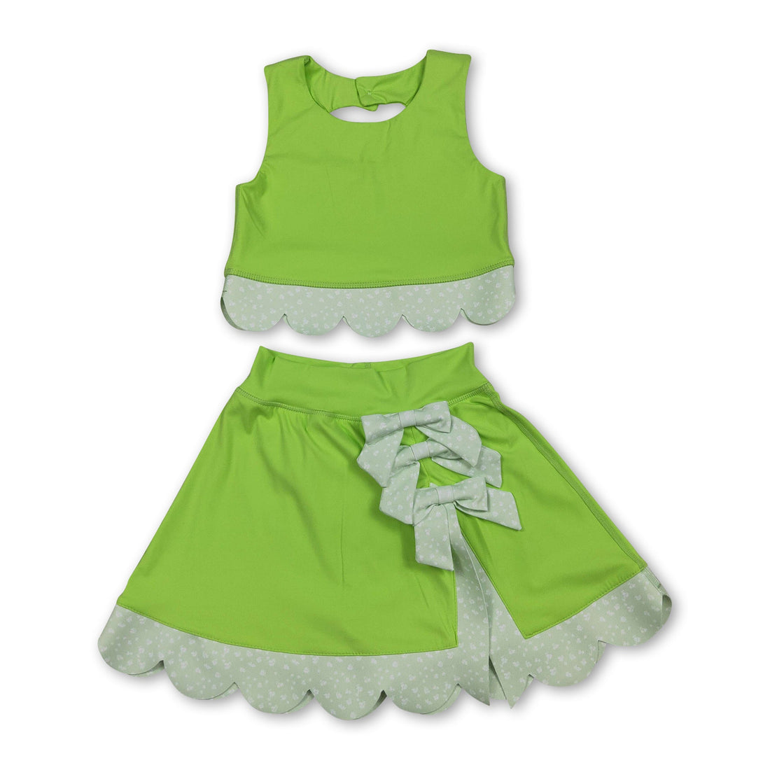Lime green sleeveless bow scallop kids girls active wear set with short sleeve top and skirt by Mini Rodeo, perfect for active play.