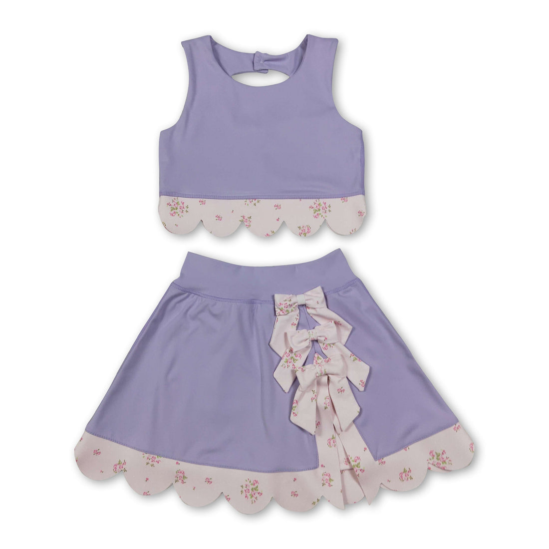 Lavender sleeveless bow scallop kids girls active wear set featuring a short sleeves top and skirt from Mini Rodeo.