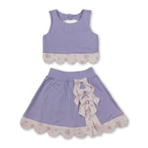 Lavender sleeveless bow scallop kids girls active wear set featuring a short sleeves top and skirt from Mini Rodeo.