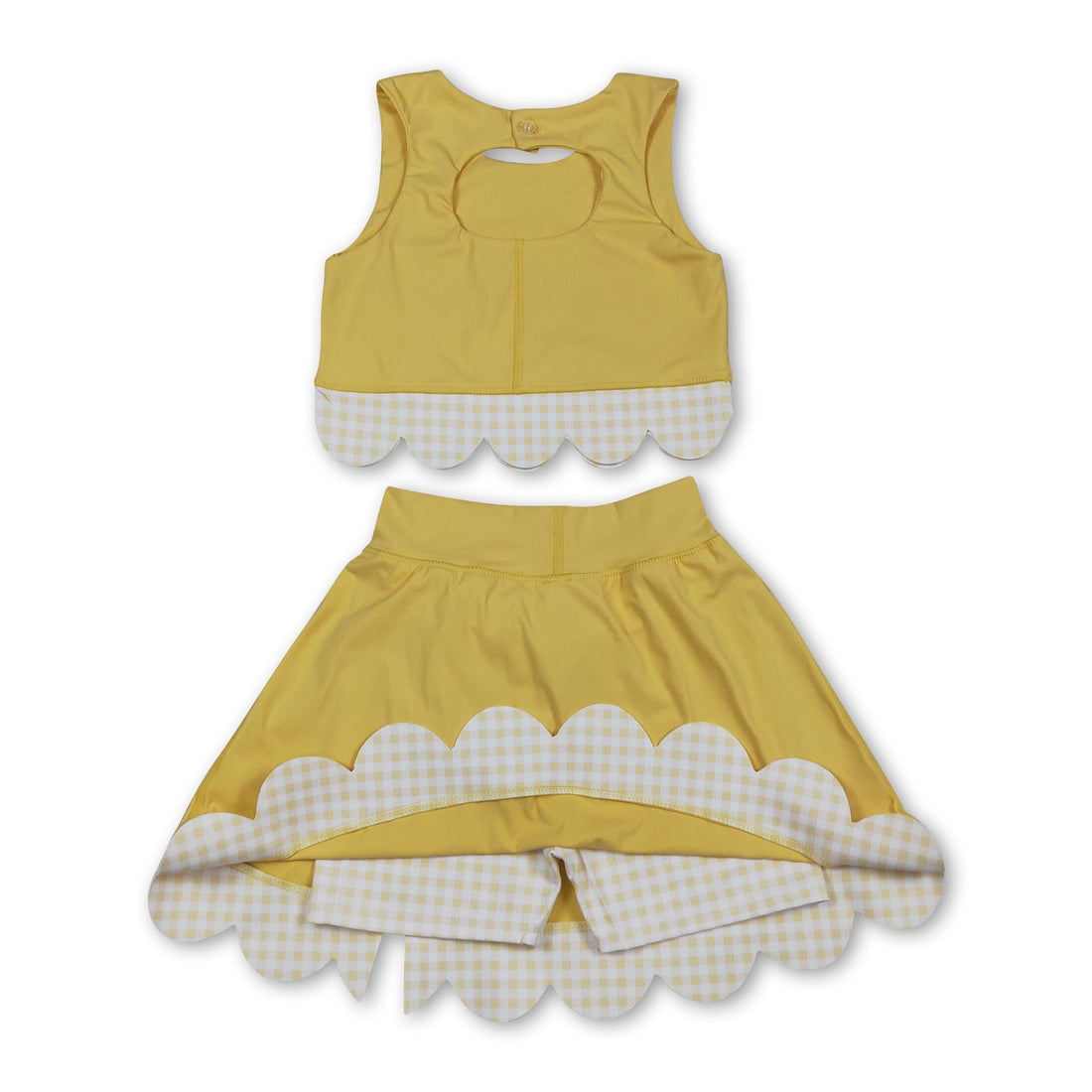 Yellow sleeveless bow scallop girl active wear set with short sleeves top and skirt by Mini Rodeo, perfect for kids&