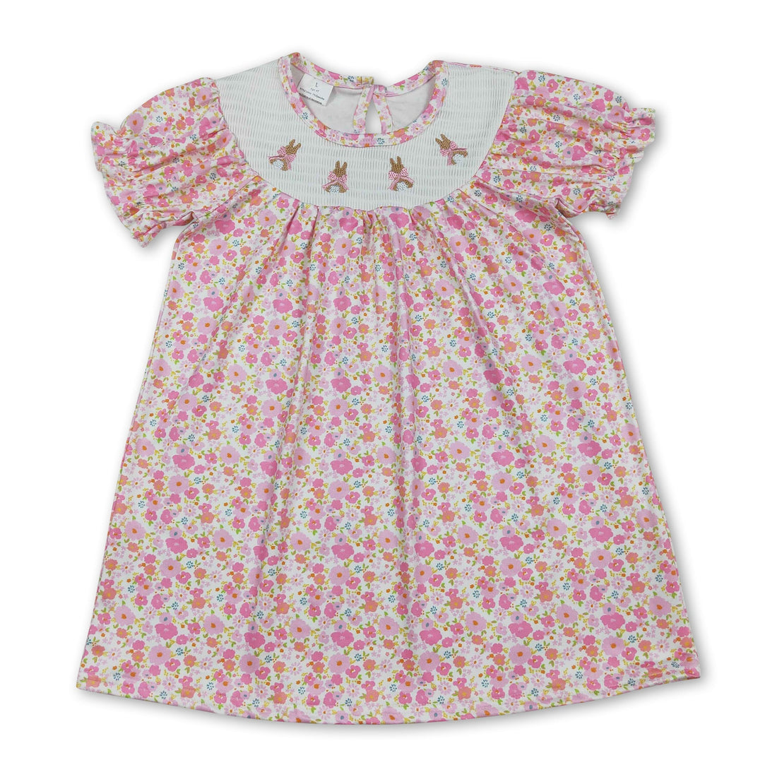 Pink floral short sleeve Easter dress for girls by Mini Rodeo featuring a rabbit motif and smocked bodice.