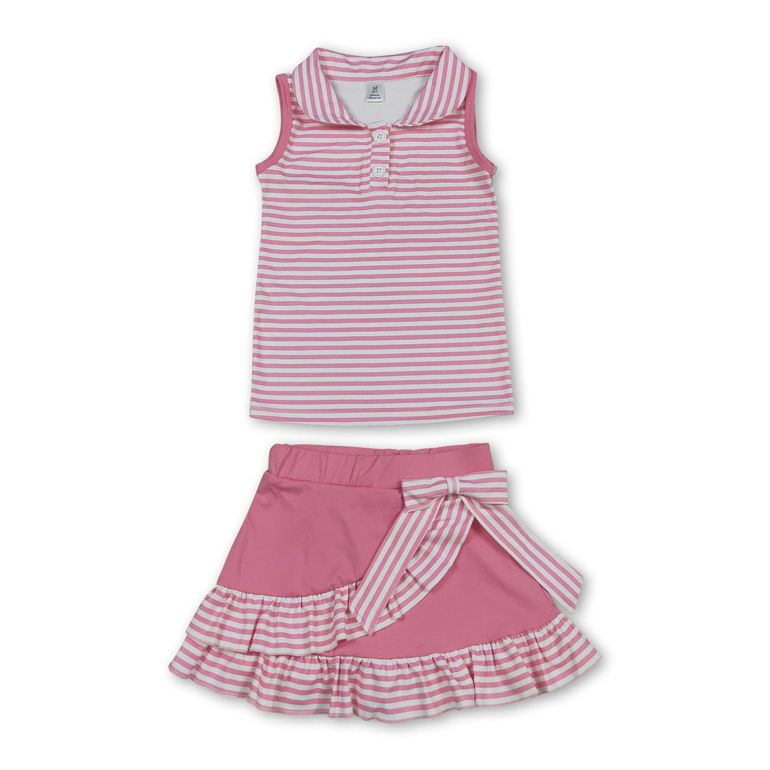 Pink striped sleeveless polo shirt and skirt set for girls, featuring a short sleeves top and matching skirt by Mini Rodeo.