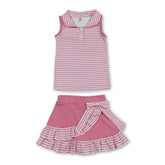Pink striped sleeveless polo shirt and skirt set for girls, featuring a short sleeves top and matching skirt by Mini Rodeo.