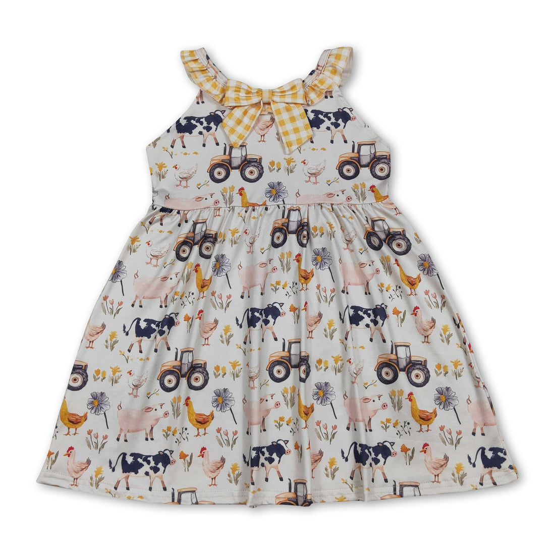 Yellow plaid ruffle farm kids girls summer dress by Mini Rodeo, short sleeve with ruffle details and farm-inspired design.
