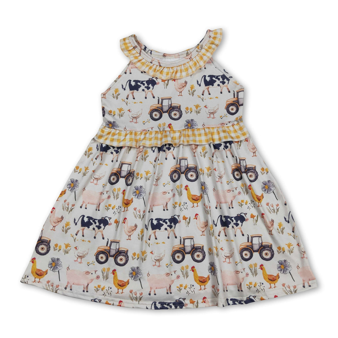 Yellow plaid ruffle farm kids girls summer dress by Mini Rodeo, short sleeve dress with playful ruffle details and farm-themed design.