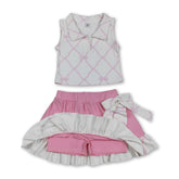 Pink sleeveless bow top and ruffle skirt set for girls, featuring a short sleeves activewear design by Mini Rodeo.