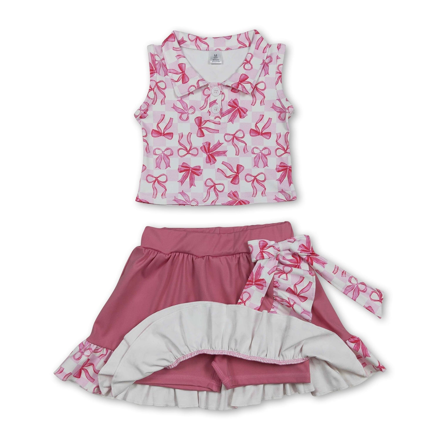 Sleeveless plaid bow top ruffle skirt girls activewear set