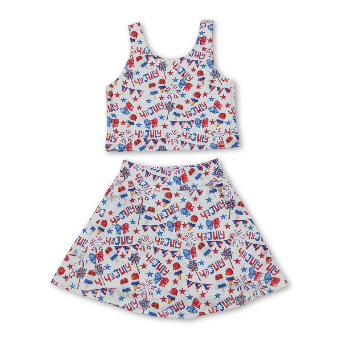 Girl sleeveless 4th of July popsicle top and skirt set by Mini Rodeo, featuring colorful summer-themed design and lightweight fabric.