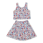 Girl sleeveless 4th of July popsicle top and skirt set by Mini Rodeo, featuring colorful summer-themed design and lightweight fabric.