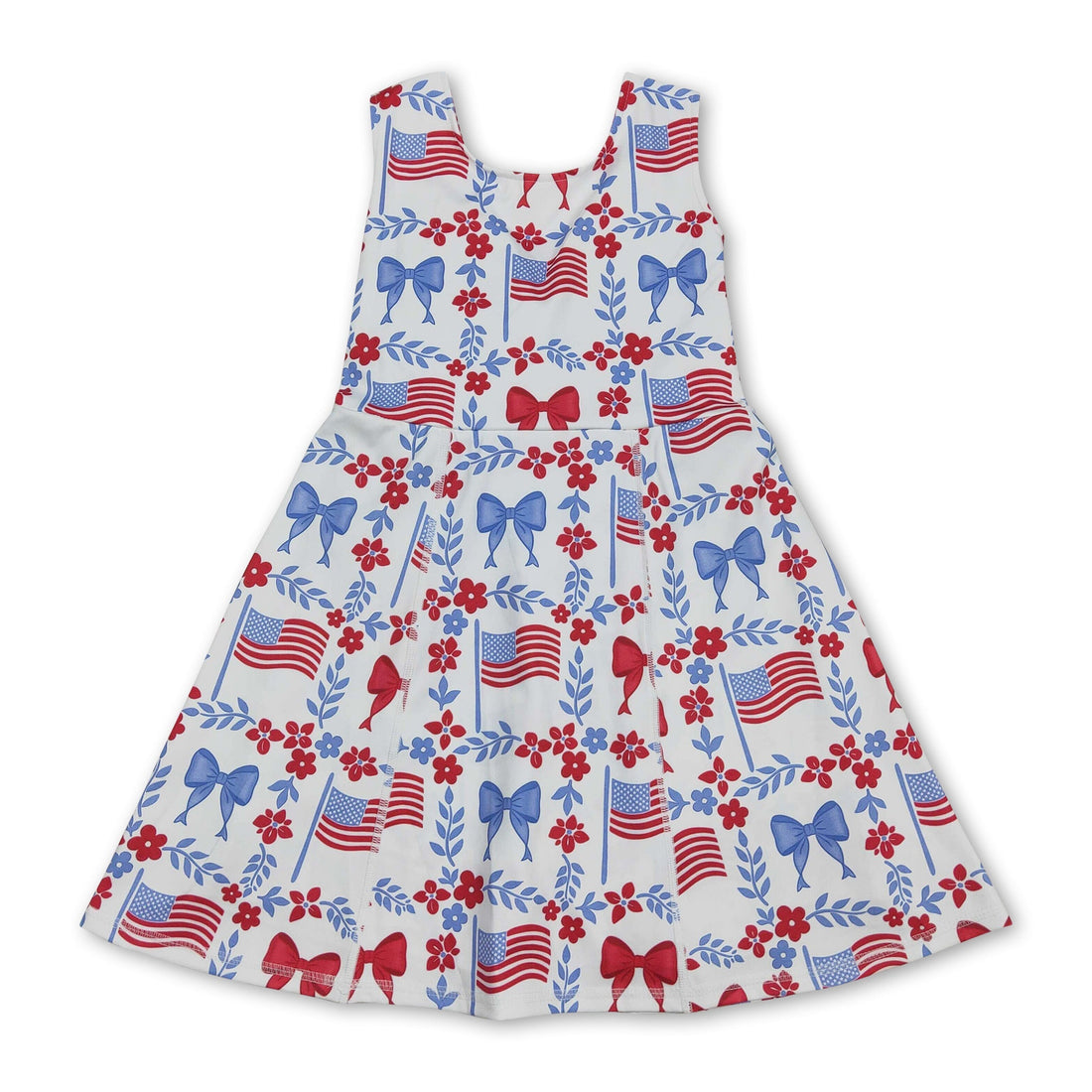 Sleeveless floral flag bow girls 4th of July athletic dress by Mini Rodeo with short sleeves and patriotic print.