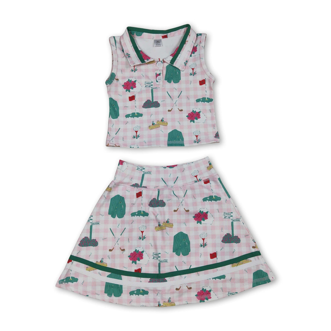 Pink plaid sleeveless golf polo shirt and skirt set for girls, active yoga outfit from Mini Rodeo, featuring short sleeves and breathable fabric.