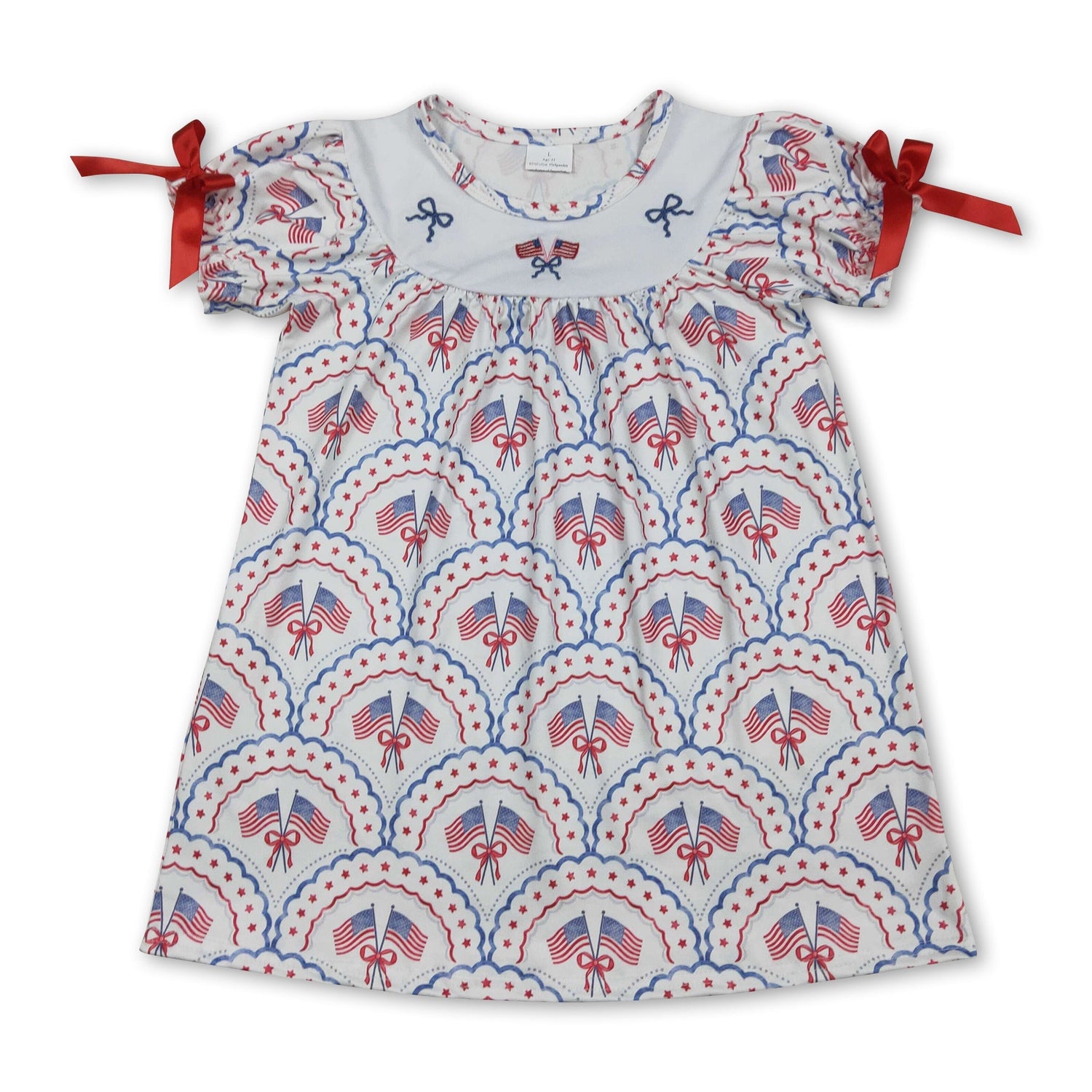 Short sleeves flag bow embroidery girls 4th of july dresses