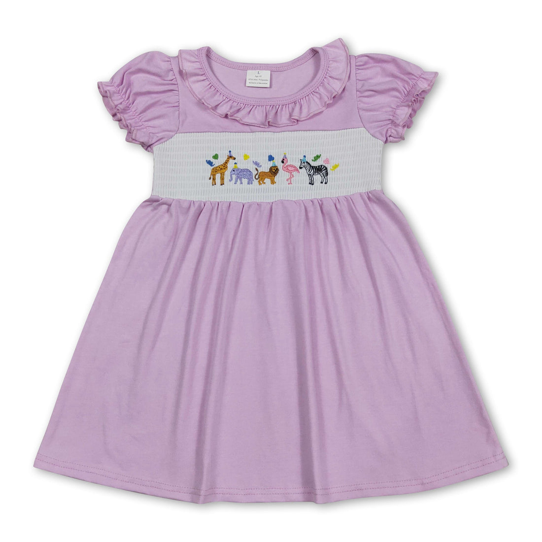 Short sleeve girls’ dress with animal smocking and happy birthday design by Mini Rodeo, featuring a playful, festive look.