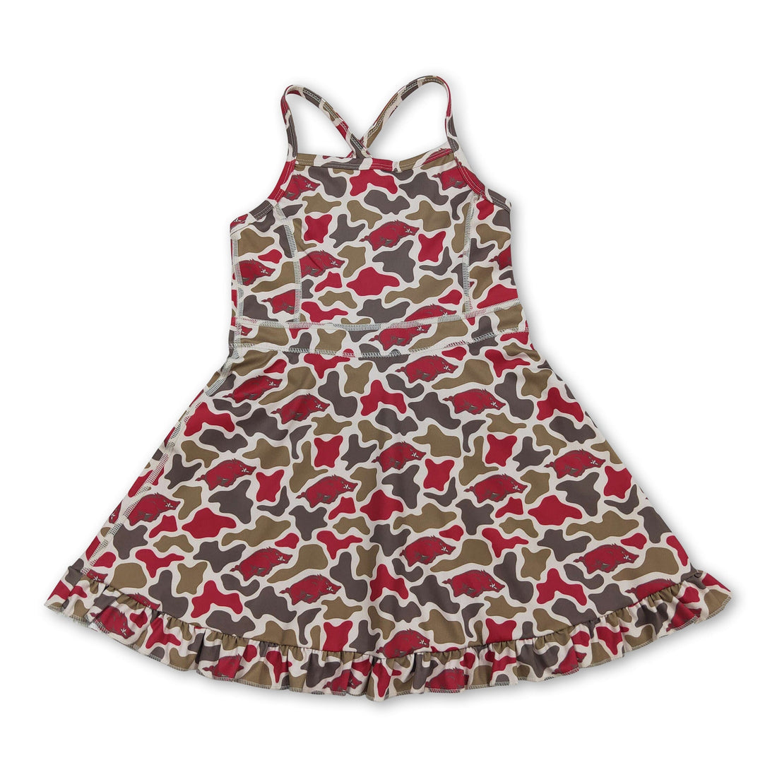 Camo hogs kids girls athletic short sleeve dress by Mini Rodeo featuring team logo and sporty design.