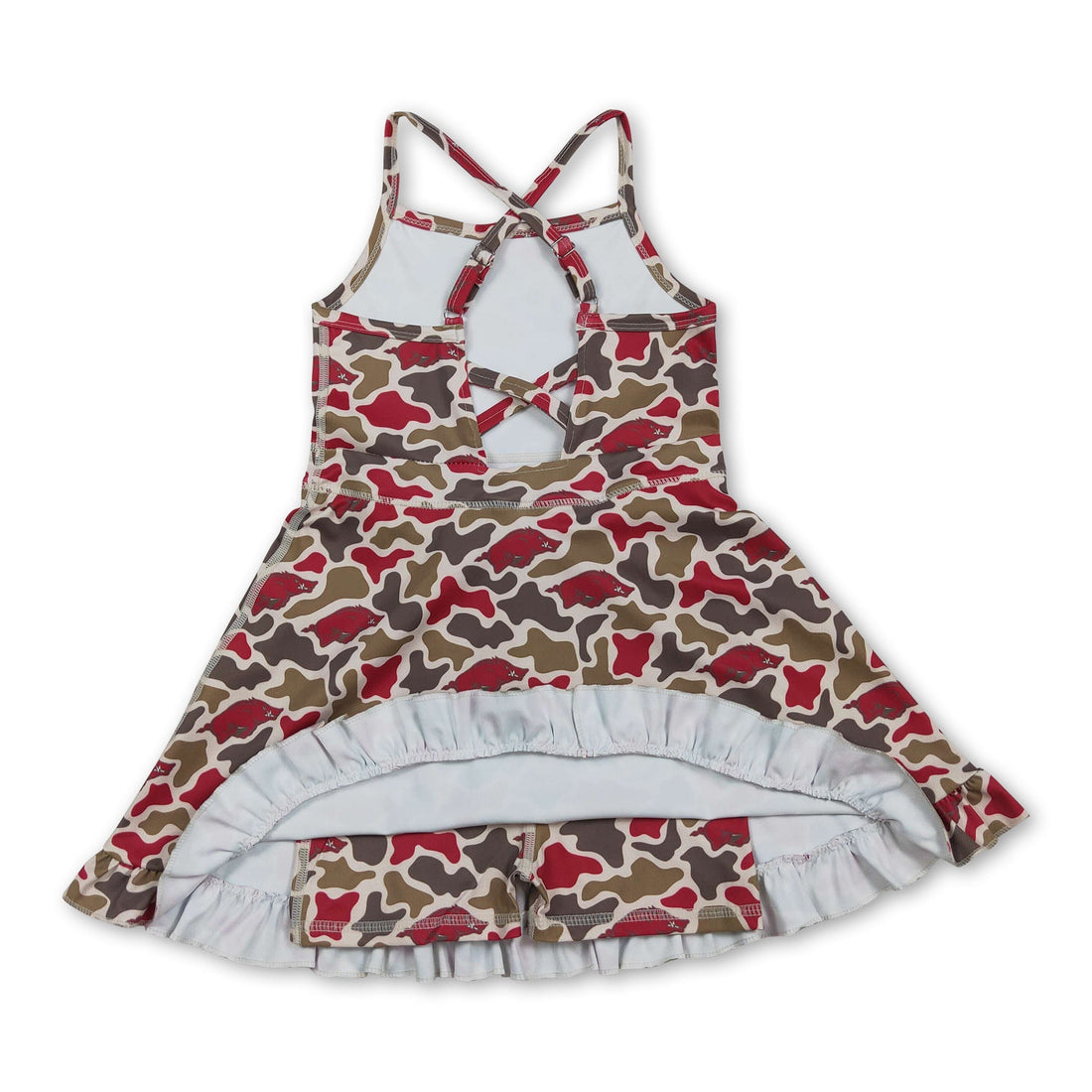 Camo print kids girls athletic dress with short sleeves by Mini Rodeo, featuring straps and sporty design for active wear.